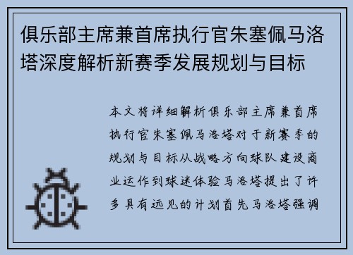 俱乐部主席兼首席执行官朱塞佩马洛塔深度解析新赛季发展规划与目标 俱乐部主席兼首席执行官朱塞佩马洛塔深度解析新赛季发展规划与目标