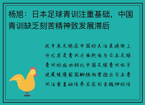 杨旭:日本足球青训注重基础,中国青训缺乏刻苦精神致发展滞后 杨旭:日本足球青训注重基础,中国青训缺乏刻苦精神致发展滞后
