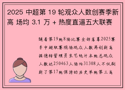 2025 中超第 19 轮观众人数创赛季新高 场均 3.1 万 + 热度直逼五大联赛
