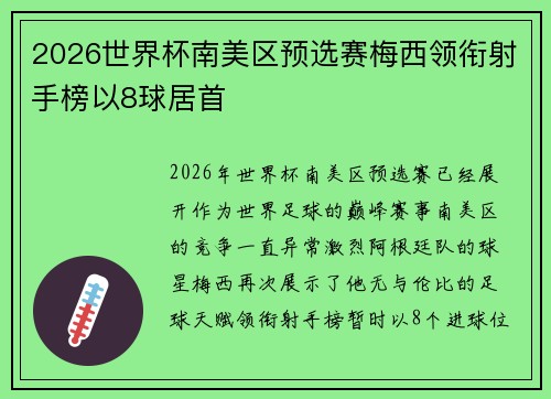 2026世界杯南美区预选赛梅西领衔射手榜以8球居首 2026世界杯南美区预选赛梅西领衔射手榜以8球居首