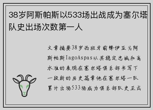 38岁阿斯帕斯以533场出战成为塞尔塔队史出场次数第一人